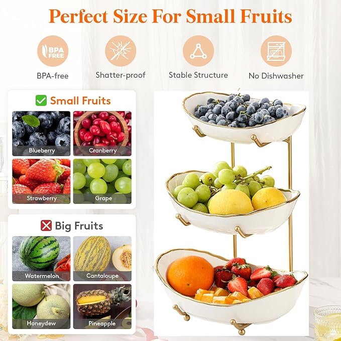 Fruit Bowl Basket for Kitchen Countertop, 3 Tier Fruit Holder with Gold Metal Stand, Serving Tray for Food, Vegetable, Cake, Dessert in Party (Gold, 3 Tier) - Image 3