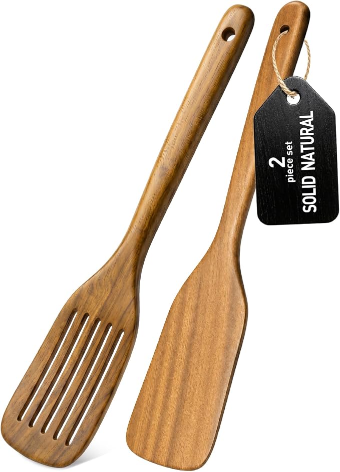 Wooden Spoons for Cooking, 2-Piece Teak Wood Kitchen Utensil Set, Nonstick Safe Wooden Spatulas, Smooth Heat-Friendly Cooking Utensils for Everyday Meals (A02) by WOTTISH