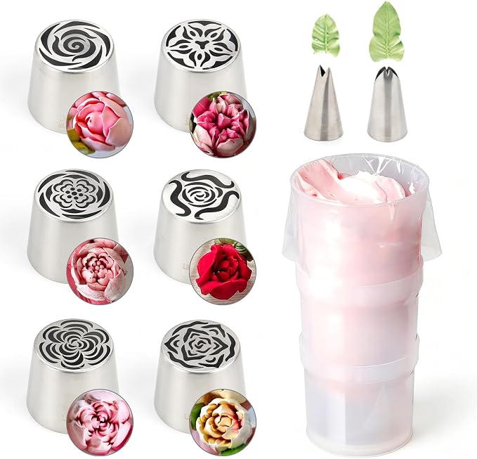 9Pcs Extra Large Russian Piping Tips Set, Stainless Steel Rose Flower Nozzles for Cake Decorating Baking Tools, Includes 6 Extra Large Flower Tips, 2 Leaf Tips, 1 Piping Bag Adapter by Baipesiy