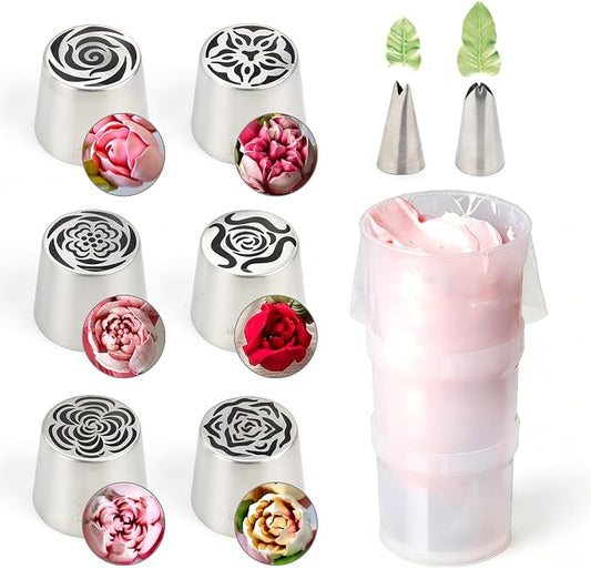 9Pcs Extra Large Russian Piping Tips Set, Stainless Steel Rose Flower Nozzles for Cake Decorating Baking Tools, Includes 6 Extra Large Flower Tips, 2 Leaf Tips, 1 Piping Bag Adapter by Baipesiy