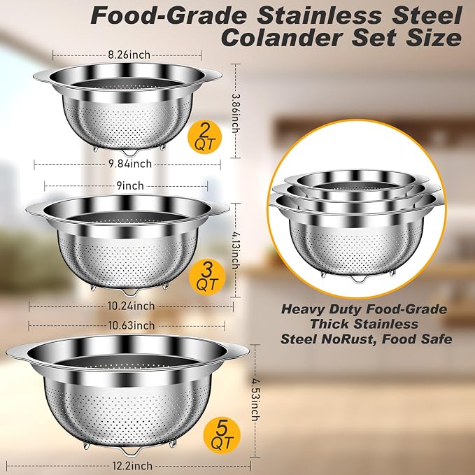 Colander, Stainless Steel Colander for Kitchen, 3Pcs Kitchen Gadget Food Strainer Basket with Handle, Kitchen Strainer Colanders Bowl for Pasta Noodles Spaghetti Vegetables Fruit (2QT, 3QT, 5QT) - Image 7