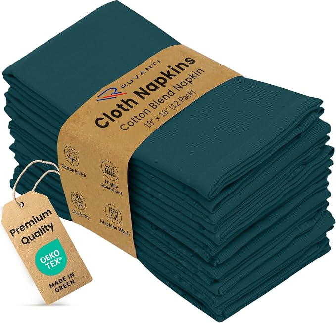 Ruvanti Cloth Napkins Set of 12, 18x18 Inches Napkins Cloth Washable, Soft, Durable, Absorbent, Cotton Blend. Table Dinner Napkins Cloth for Thanksgiving, Halloween Dinners Parties - Deep Teal by Ruvanti
