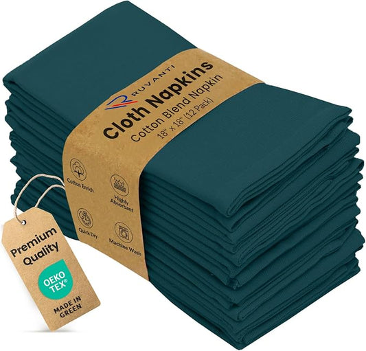 Ruvanti Cloth Napkins Set of 12, 18x18 Inches Napkins Cloth Washable, Soft, Durable, Absorbent, Cotton Blend. Table Dinner Napkins Cloth for Thanksgiving, Halloween Dinners Parties - Deep Teal by Ruvanti