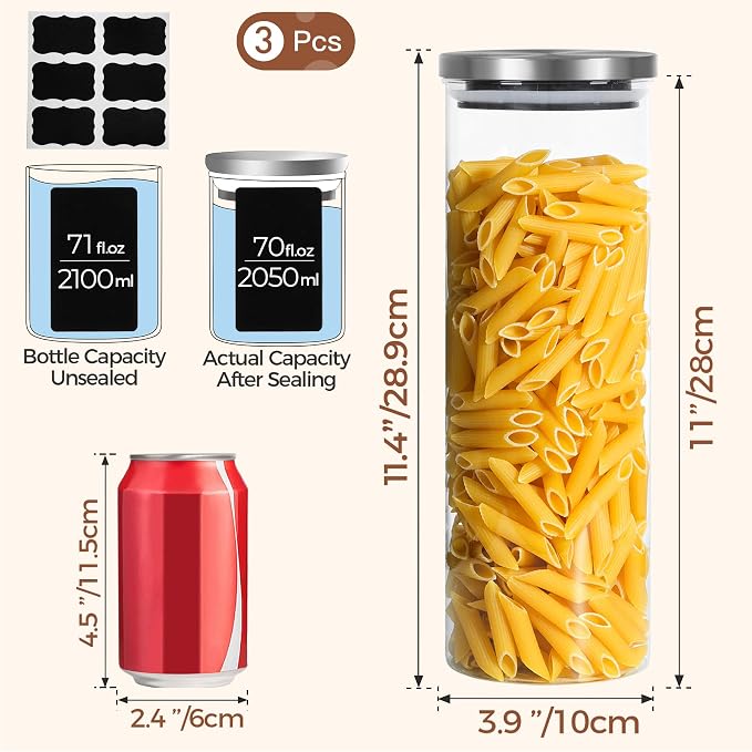 ComSaf Glass Food Storage Containers with Stainless Lids Set of 3, 70 OZ Clear Glass Jar with Airtight Lid, Tall Spaghetti Container, Glass Storage Jars for Pasta Rice Oats, Canister Set for Kitchen - Image 2
