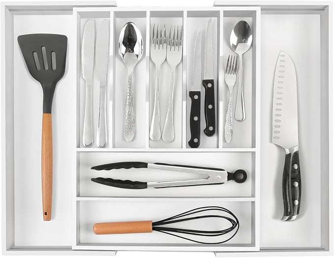 Large Premium Bamboo Silverware Organizer - Expandable Utensil Drawer Organizer - 17"x19.6" Utensil Holder and Cutlery Tray with Grooved for Kitchen Flatware and Utensils(7-9 Slot, White) - Image 8