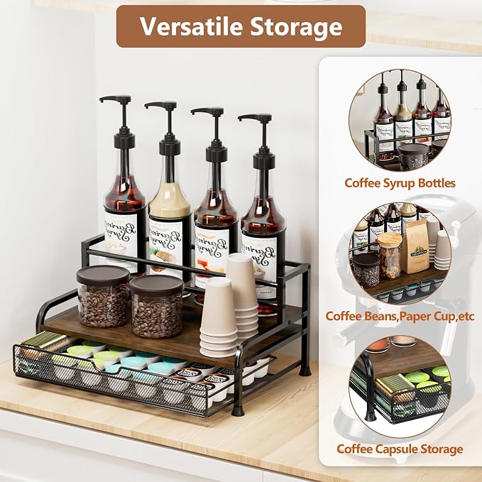 Coffee Syrup Rack Organizer, 3-Tier with 35 K-Cup Pod Holder Drawer | Black Metal Rack for 8 Syrup Bottles,Countertop Bottle Holder Stand for Wine,Space-Saving Design for Kitchen Cafe Station - Image 3