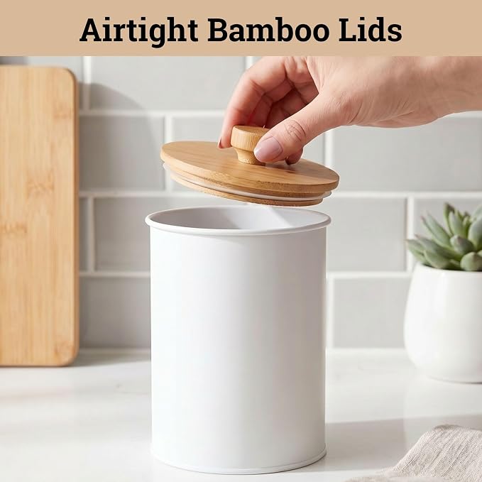 Kitchen Canisters for Countertop Set of 4 w/ Chalkboard Labels & Marker Pen | Airtight Easy Open Bamboo Lids, Dent-Resistant Thick Metal, Customizable Chalkboard Labels, Marker Pen Included, Set of 4 - Image 4