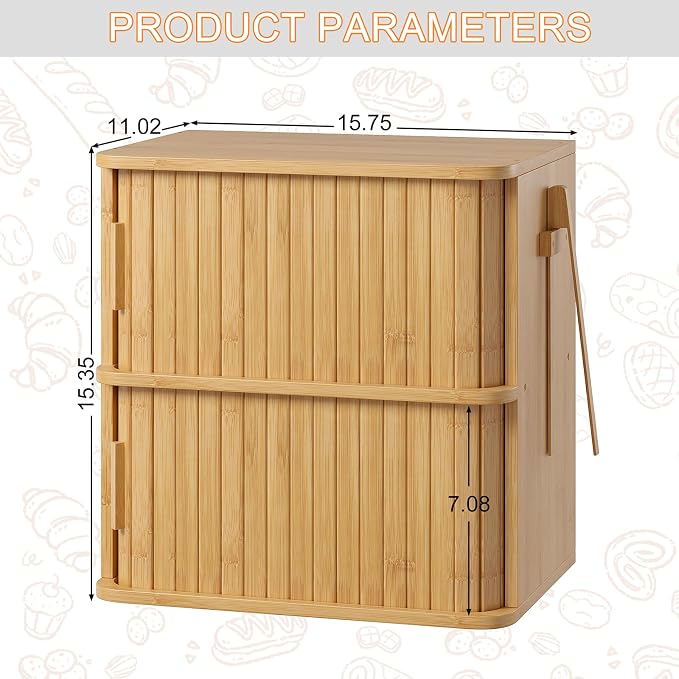 WOWLIVE 2-Tier Roll Top Bread Box for Kitchen Countertop Storage Cabinet | Double Layer Bamboo Bread Boxes with Sliding Doors, Extra Large Bread Storage Cabinet for Loaves & Pastries, Natural - Image 3