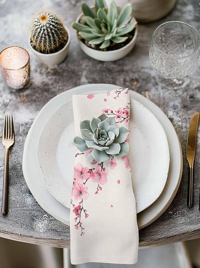 Cherry Blossom Cloth Napkins Set of 6 - Washable Dinner Napkins Reusable Table Napkins for Home Party Weeding Dining Table Setting Decoration, Pink Asian Japanese Burlap Beige Oversized 20"x20" - Image 3