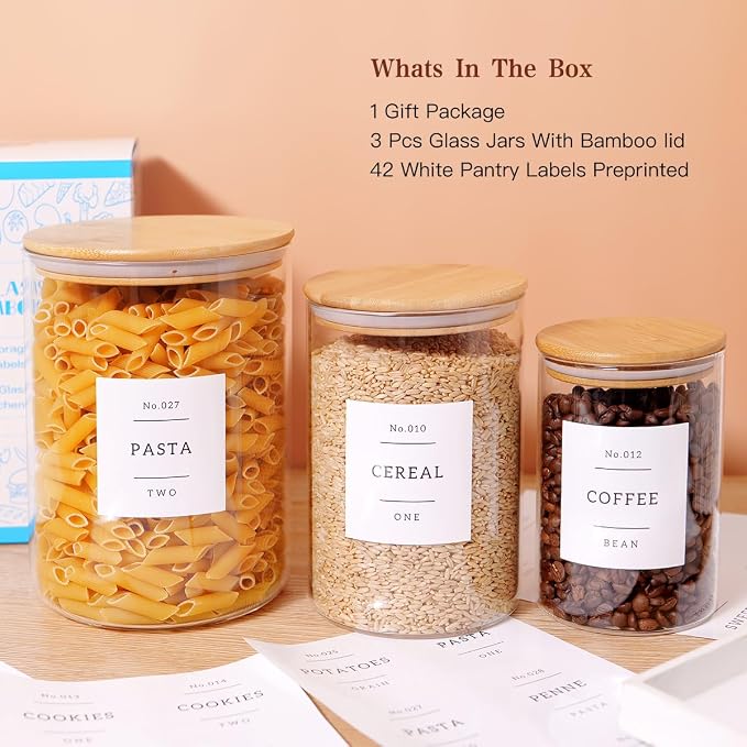 3 Pcs Glass Canisters with Airtight Bamboo Lids and 42 Kitchen Pantry Labels Preprinted - Clear Glass Flour and Sugar Storage Container Set - Large Glass Jars with Wood Lids(100 OZ/54 OZ/27 OZ) - Image 2