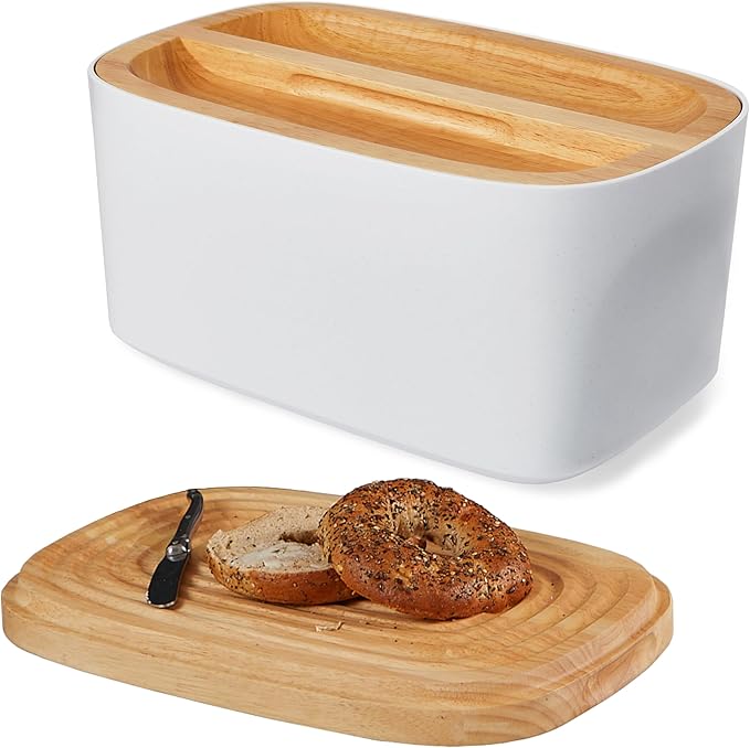 Sonder LA Union Bread Box with Wood Lid (White) Large 14.25x9.25x7 in | Bamboo Fiber & Recycled Plastic Body with Reversible Bread Board Lid, Kitchen Countertop Use, Larger Than It Appears, 4 lbs by Unknown