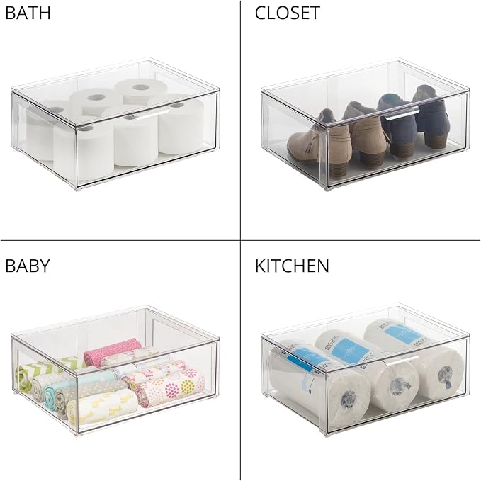 mDesign Plastic Stackable Bathroom Storage Organizer Bin Containers with Front Pull Drawer for Bathroom Countertop, Vanity, Closet Shelves - Holder for Accessories - Lumiere Collection, 2 Pack, Clear - Image 8