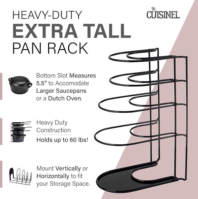 Cuisinel Pan Organizer for Cast Iron, Extra Large 5-Tier Rack, Black 15.4" - Image 3