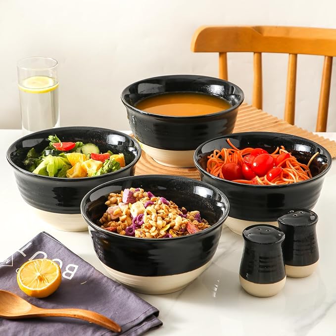 HASENSE Large Ceramic Soup Bowls Set of 4, 40 Oz Gloss Black Beige Stackable Stoneware Bowls, Farmhouse Bowls for Salad, Pasta, Ramen & Pho, Dishwasher & Microwave Safe - Image 4