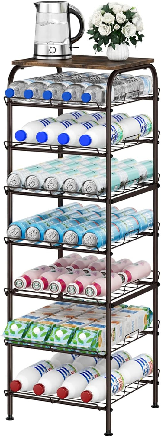 smusei Water Bottle Organizer 7 Tier Free Standing Water Bottle Storage Rack Metal Water Bottle Rack Shelf Large Capacity Bottled Water Holder Beverage Drink Stand for Kitchen Pantry Office, Brown by smusei