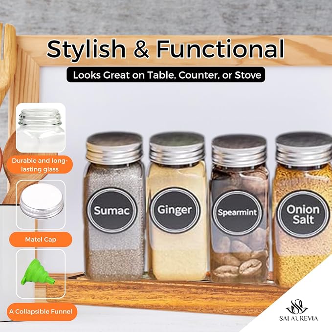 28-Jar Spice Rack Organizer with 4-Tier Metal Stand | Complete Set with Glass Jars, Labels & Funnel | Space-Saving Kitchen Spice Storage (Wall or Countertop Mount) - Image 8
