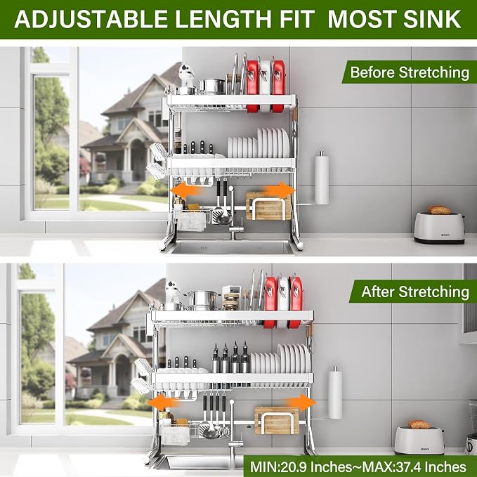Over The Sink Dish Drainer Drying Rack 3 Tier, Full Stainless Steel Dish Drying Rack Adjustable Length 20.9''-37.4'' , Kitchen Sink Shelf, Organized Space-Saving Dish Rack with Pots and Pans Rack - Image 3