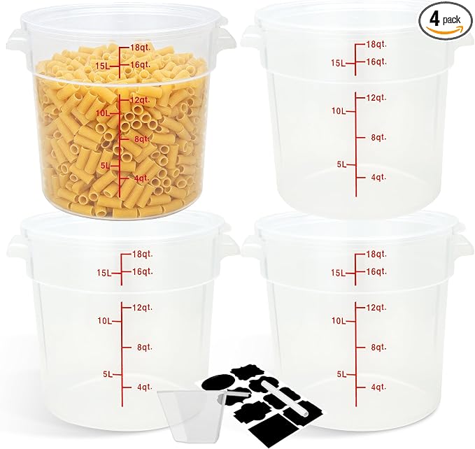 BIEAMA 4 Pack 18 Qt Round Food Storage Containers with Lids, Translucent PP | Include lids, labels, measuring cups and containers with capacity markings for food prep, pantry storage and dough proofing. by BIEAMA
