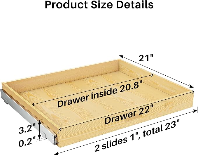 Pull Out Cabinet Organizer, Soft Close Wooden Slide Out Drawers for Pots and Pans, Full-extension Roll Out Shelves for Kitchen Cabinets, Pantry Organization, Bottom & Side Mount(23"W X 21"D x 3.4''H) - Image 2