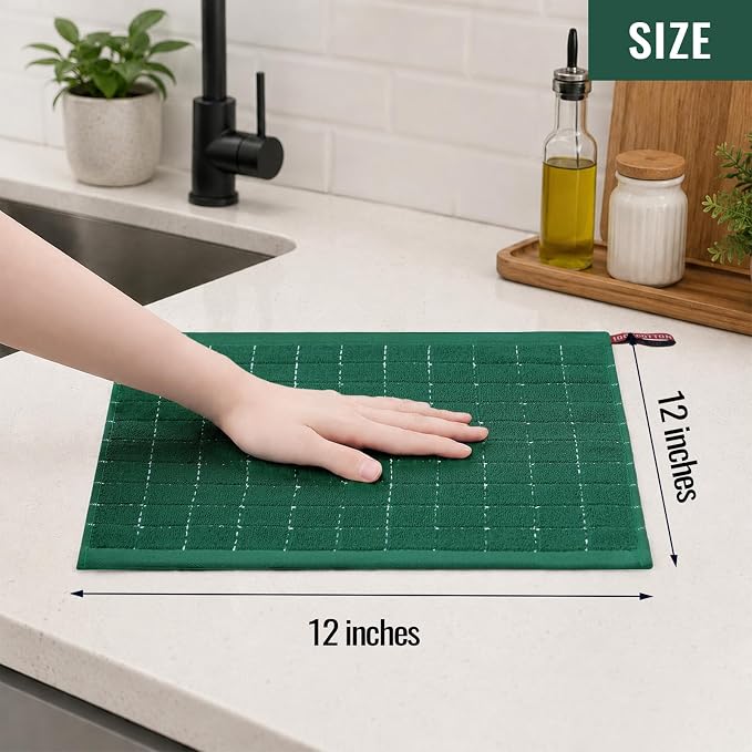 Kitinjoy 100% Cotton Terry Kitchen Dish Cloths, 8-Pack, Dark Green | Ultra Soft and Absorbent Dish Towels for Kitchen, Suitable for Drying and Washing Dishes, 12”x 12” - Image 4