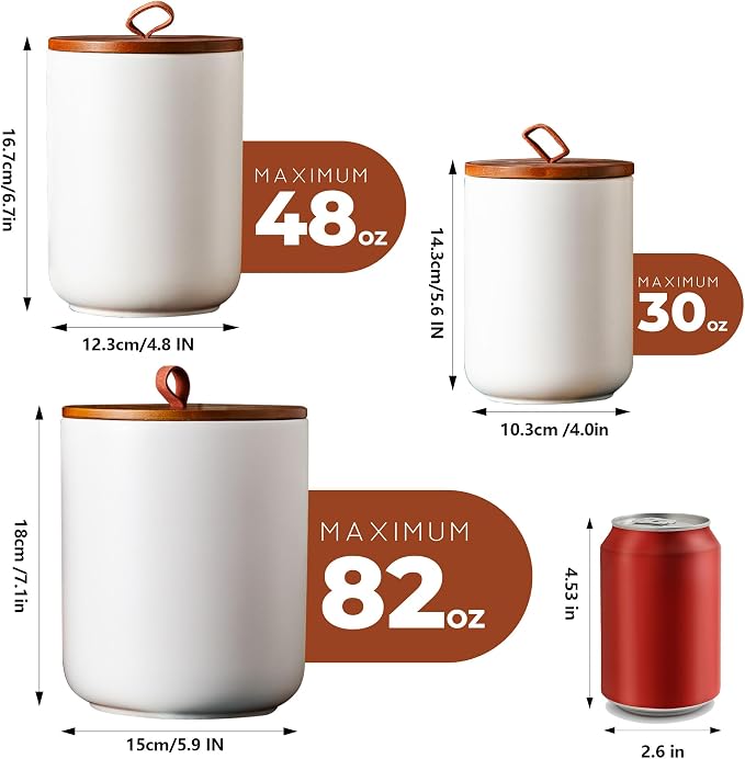 JOJUNO White Ceramic Food Storage Canister Set (30 oz, 48 oz, 82 oz) with Bamboo Lids, 3-Piece Airtight Jars for Flour, Sugar, Coffee, Tea, Oats, Spice – Kitchen Storage Containers with Lids - Image 2