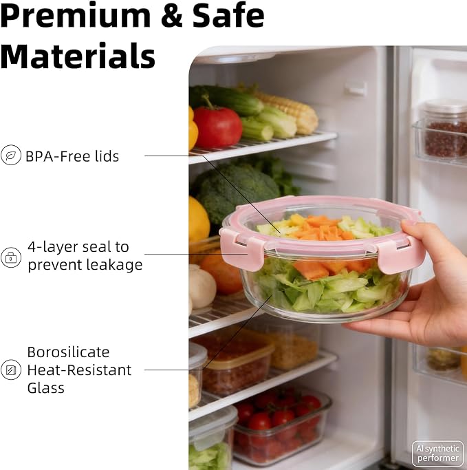 Konokyo Round Glass Food Storage Containers with Lids, Meal Prep, 12 Pack | Airtight Leakproof Meal Prep Containers, BPA-Free, Microwave Oven Freezer & Dishwasher Safe, Assorted Sizes - Image 6