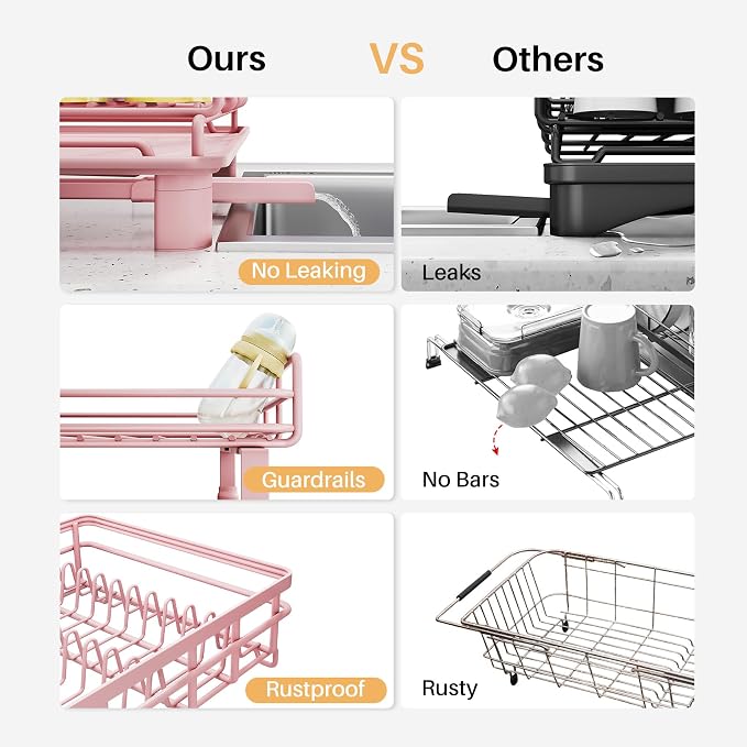 SNTD Expandable Dish Drying Rack for Kitchen Counter, Stainless Steel, Pink | Foldable Over Sink, Large Capacity, Adjust to Fit Most Sinks, Angled Drainboard, Removable Utensil Holder, Slip Resistant - Image 4