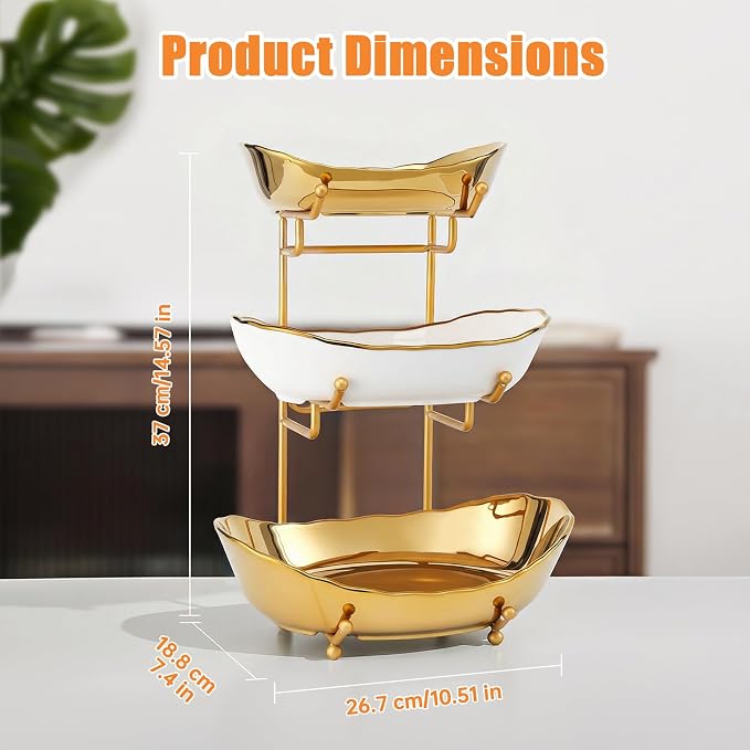 Ceramic Fruit Bowl for Kitchen Counter - 3 Tier Fruit Basket with Metal Stand, Tiered Fruit Stand for Countertop, Snack, Nuts, Cake, Dessert, Small & Cute (Gold & White,Small) 2 - Image 3