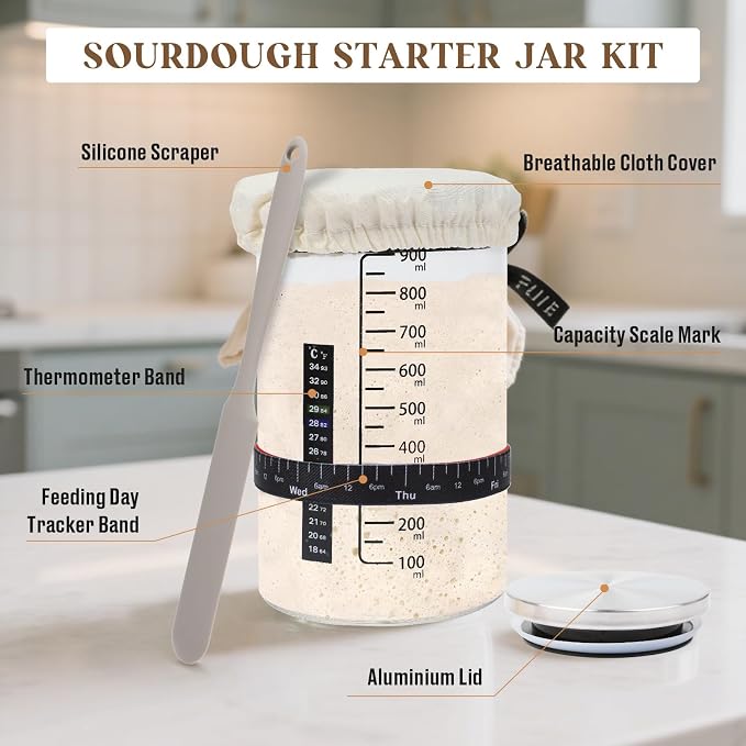 Sourdough Bread Baking Supplies, 23P Sourdough Starter Kit,30oz Sourdough Starter Jar Kit, Cotton Rope Banneton Bread Proofing Basket with Bread Lame, Scraper, Dough Whisk, Gifts for Bakers Women - Image 3