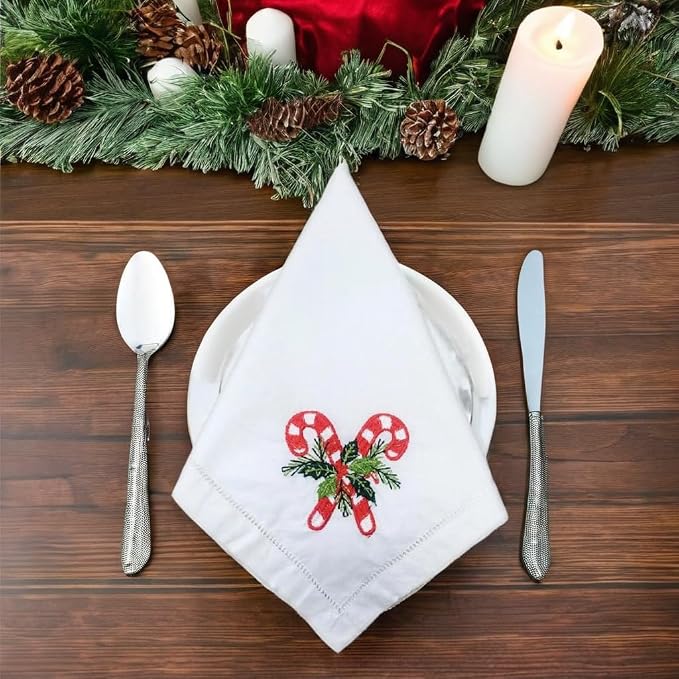 – Embroidered Cloth Napkins Double Candy Christmas Design, Set of 6, Cotton Hemstitch Table Napkins 20x20, Machine Washable – Festive & Elegant Holiday Dining, Ideal Gift Idea - Image 7