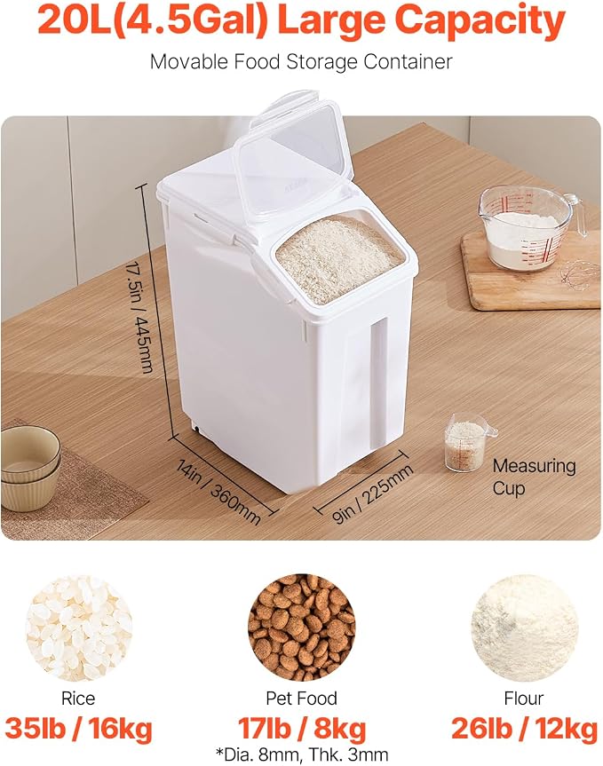 VEVOR Rice Storage Container, 4.5Gallon/20L Capacity Large Dog Food Dispenser Bin, Kitchen Ingredient Grain Cereal Flour Bin, Pet food Containers with Wheels, Measuring Cup, Airtight Lid, 1 Pack - Image 2