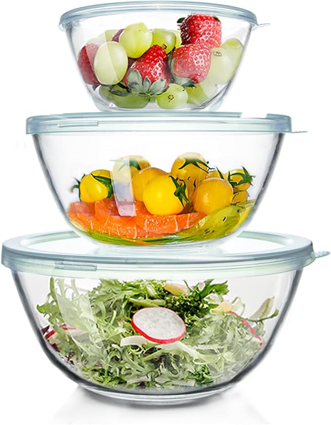 WhiteRhino Glass Mixing Bowls Glass Bowls with Lids Set(4.5QT,2.7QT, 1.1QT),Large Salad Bowls,glass mixing bowl Space-Saving Nesting Storage bowls for Cooking,Baking,Prepping,Dishwasher Safe by WhiteRhino
