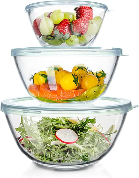 WhiteRhino Glass Mixing Bowls Glass Bowls with Lids Set(4.5QT,2.7QT, 1.1QT),Large Salad Bowls,glass mixing bowl Space-Saving Nesting Storage bowls for Cooking,Baking,Prepping,Dishwasher Safe by WhiteRhino
