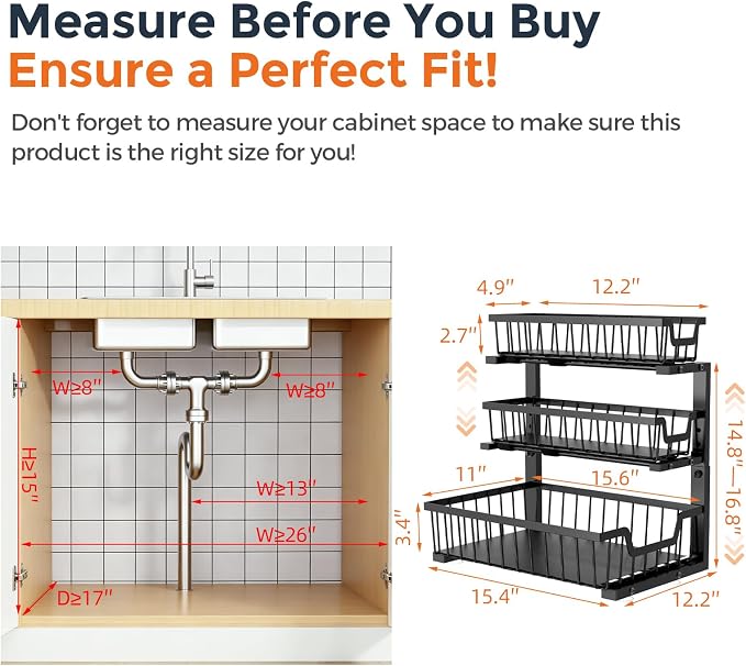 Under Sink Organizer, 2-Pack 3-Tier Height Adjustable Thickened Metal Pull out Cabinet Organizer Shelf, Slide out Storage Drawer Rack for Bathroom Kitchen Pantry Home Laundry Organization (Black) - Image 3