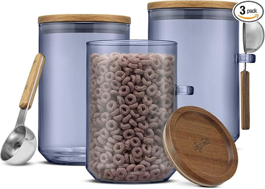 JoyJolt Holden 32oz Stackable Glass Storage Containers with Lids and Scoops, Airtight Food Canister Set of 3 w/Acacia Wood Lids, Round Stacking Pantry and Kitchen Containers w/Scoop | Smoke Blue by JoyJolt