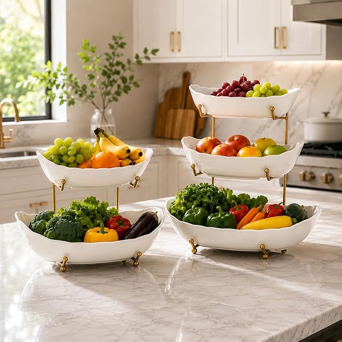 HBlife Large Fruit Bowl for Kitchen Counter - 3 Tier Fruit Basket with Gold Metal Stand, Ceramic Fruit Holder, Tiered Serving Trays for Party - Image 5