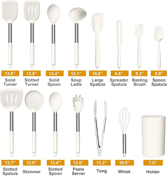 LIANYU 15 Pcs Cooking Kitchen Utensils Set with Stainless Steel Handle | Silicone Kitchen Gadgets with Holder, Heat Resistant Spatula Tools, Brush Spoon Tong Whisk Ladle Turner for Cookware, White - Image 2