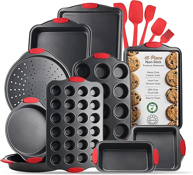 Eatex Nonstick Baking Sheet Set, 15-Piece Baking Pans Set with Silicone Handles, Carbon Steel Cookie Sheets for Baking, Commercial Grade Quality Bakeware Sets Includes Muffin Pan, Cake Pan and More by Eatex