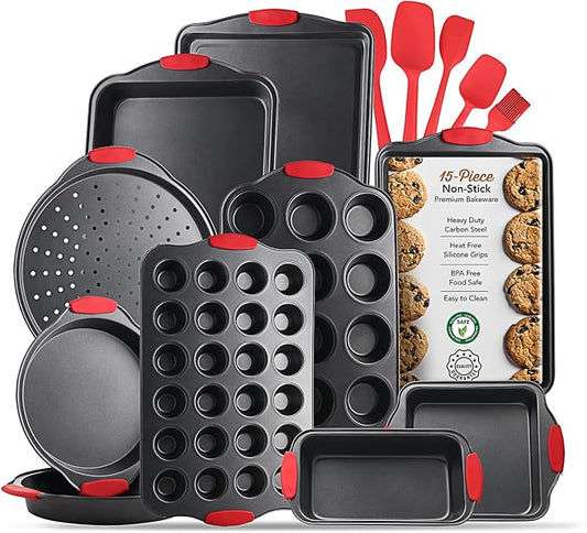 Eatex Nonstick Baking Sheet Set, 15-Piece Baking Pans Set with Silicone Handles, Carbon Steel Cookie Sheets for Baking, Commercial Grade Quality Bakeware Sets Includes Muffin Pan, Cake Pan and More by Eatex