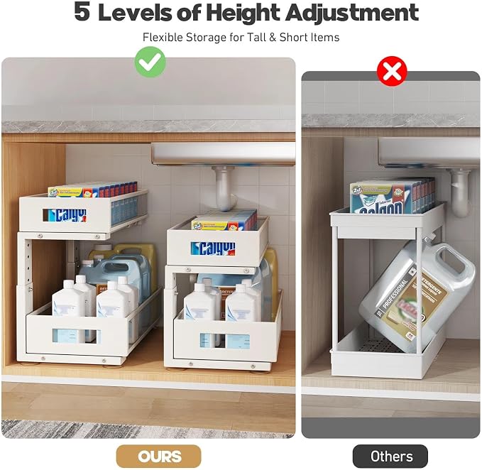 2 Packs 19IN Depth Under Sink Organizer, 2-Tier Pull Out Cabinet Organizer With Smooth Circular Rail, Large Capacity Metal Mesh Sliding Drawers For Bathroom& Kitchen Storage,Height Adjustable –White - Image 8