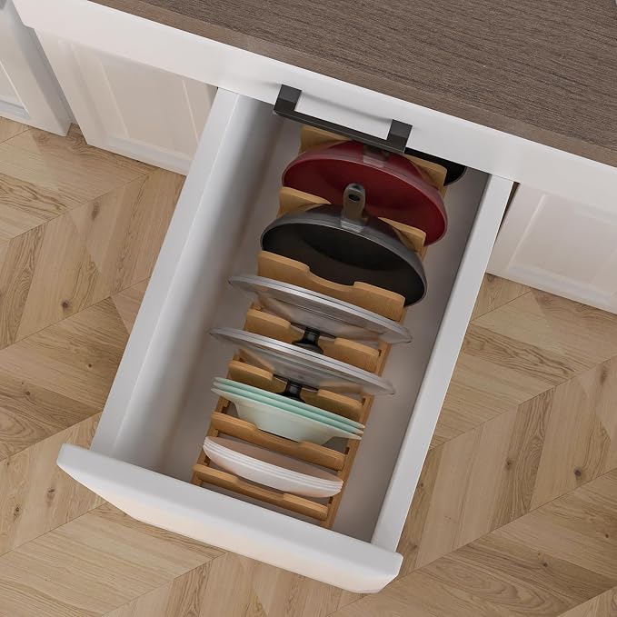 Pots and Pans Organizer under Cabinet,Pot and Pan Organizer,Lid Organizer | Expandable Bamboo Pan and Lid Organizer, 16" to 28" Adjustable Length and 10 Dividers - Image 6