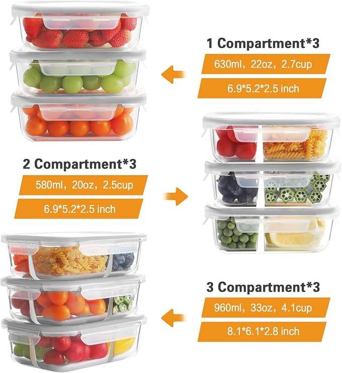 Bayco 9 Pack Glass Meal Prep Containers - 3, 2 & 1 Compartment Glass Food Storage Containers with Lids, Airtight & Leak Proof Lunch Bento Boxes - Grey - Image 2