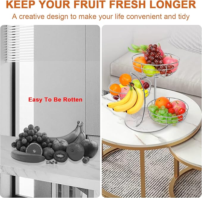 Livabber Fruit Basket Bowl with Banana Hanger, Metal Fruit Vegetable Storage Basket with Banana Holder for Kitchen Counter, Detachable Organizer for Bread Snack Produce (Chrome, 3-Tier Marble Base) - Image 5
