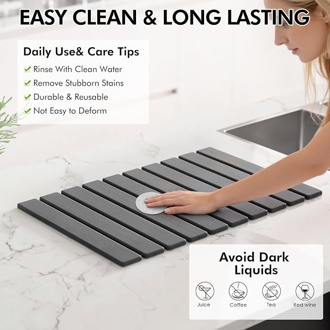 4 Pcs Stone Dish Drying Mat for Kitchen Counter, 24''x16'' Super Absorbent Diatomaceous Earth Stone Drying Mat Faucet Mat with 2 Coasters, Quick Dry Mat for Kitchen Counter Dishes Cups - Image 5