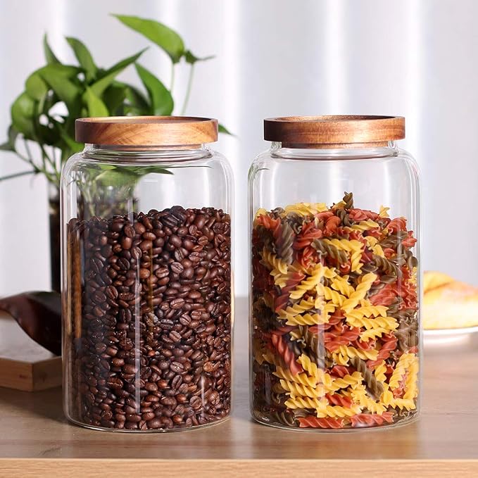 Large Glass Jar with Airtight Lid Set of 2 93 FL OZ(2750ml) glass canister set, Glass Food Containers Wooden Lid Suit for Kitchen Pantry for Flour, Tea, Coffee Beans, Sugar, Cookies(8.8 inch high) - Image 4
