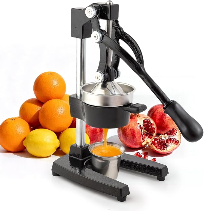 Manual Cast Iron Lemon Squeezer, Black Citrus Juicer | Detachable Cone, Free Stainless Steel Cup, Extracts Juice from Lemons, Oranges and Grapefruits, Easy to Clean by BAMBROX