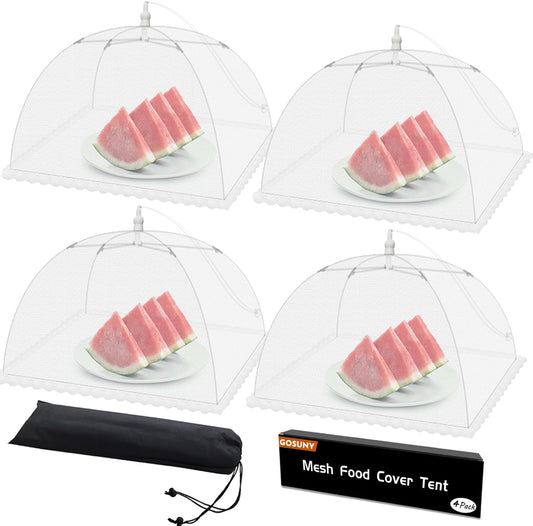 Mesh Food Covers for Outdoors - 4 Pack Upgraded Large 17x17 in Outdoor Party Food Cover Tent Collapsible Picnic Nets Umbrella Screen Pop Up Food Dome for Outside (White)