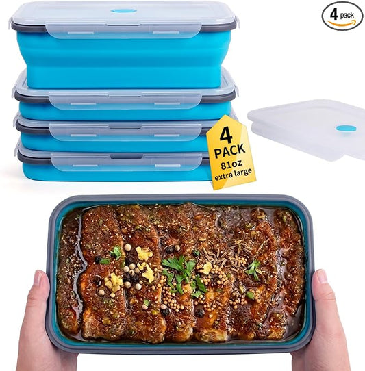 Extra Large Collapsible Food Storage Containers with Lid & Air Vent, 81 oz, 4 Pack, XXL Collapsible Marinade Container BBQ Prep Foldable Silicone Containers, Microwave Freezer Dishwasher Safe, Blue by Annaklin