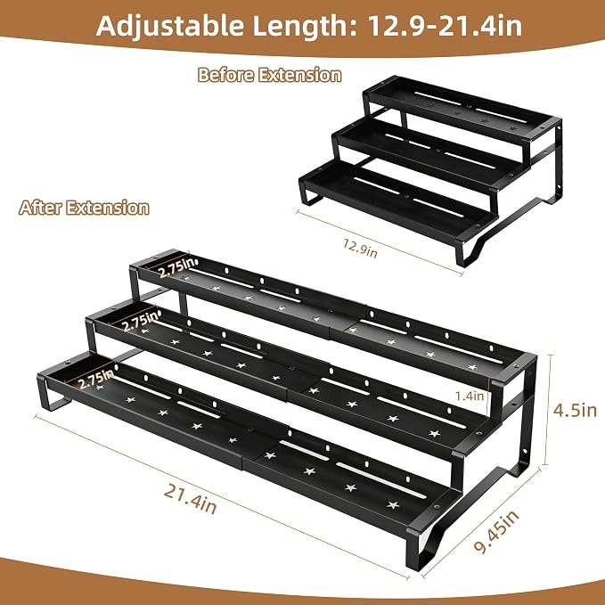 Expandable Spice Rack Organizer for Cabinet 3 Tier Spicy Shelf Black 2Pack | Adjustable Length 13"-21", Easy to See Labels, Sturdy Metal, Slip-Resistant Guardrails for Jars, Cabinet & Countertop Storage - Image 5