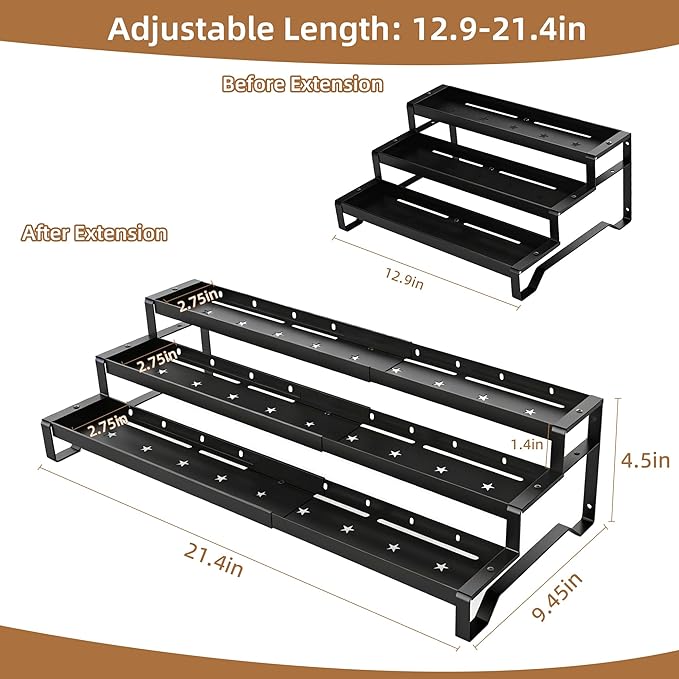 Expandable Spice Rack Organizer for Cabinet 3 Tier Spicy Shelf Black 1Pack | Adjustable Length 13"-21", Easy to See Labels, Sturdy Metal, Slip-Resistant Guardrails for Jars, Cabinet & Countertop Storage - Image 5
